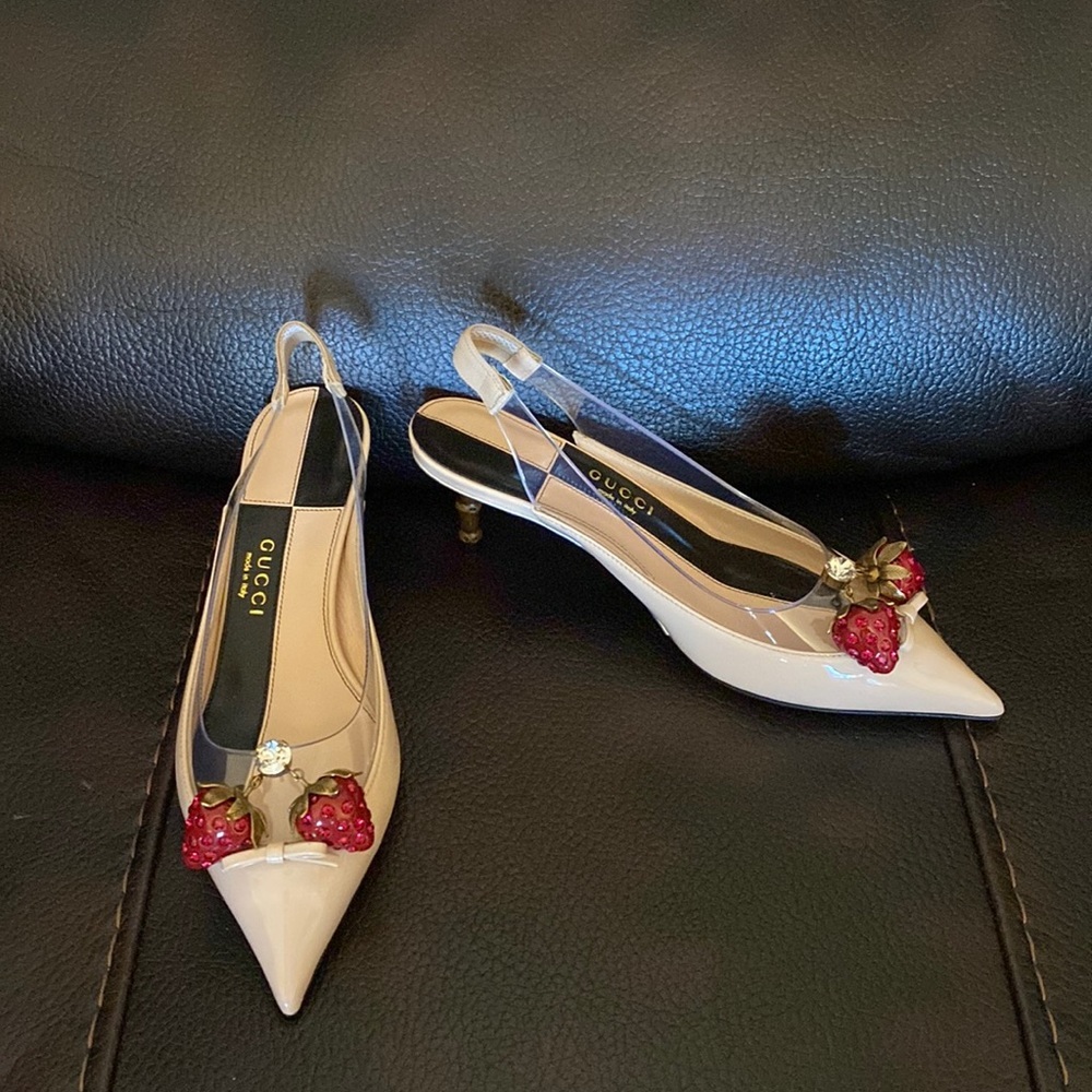 Gucci women’s crystal embellished cherry GG logo sling back pumps heels NWB - Picture 4 of 13